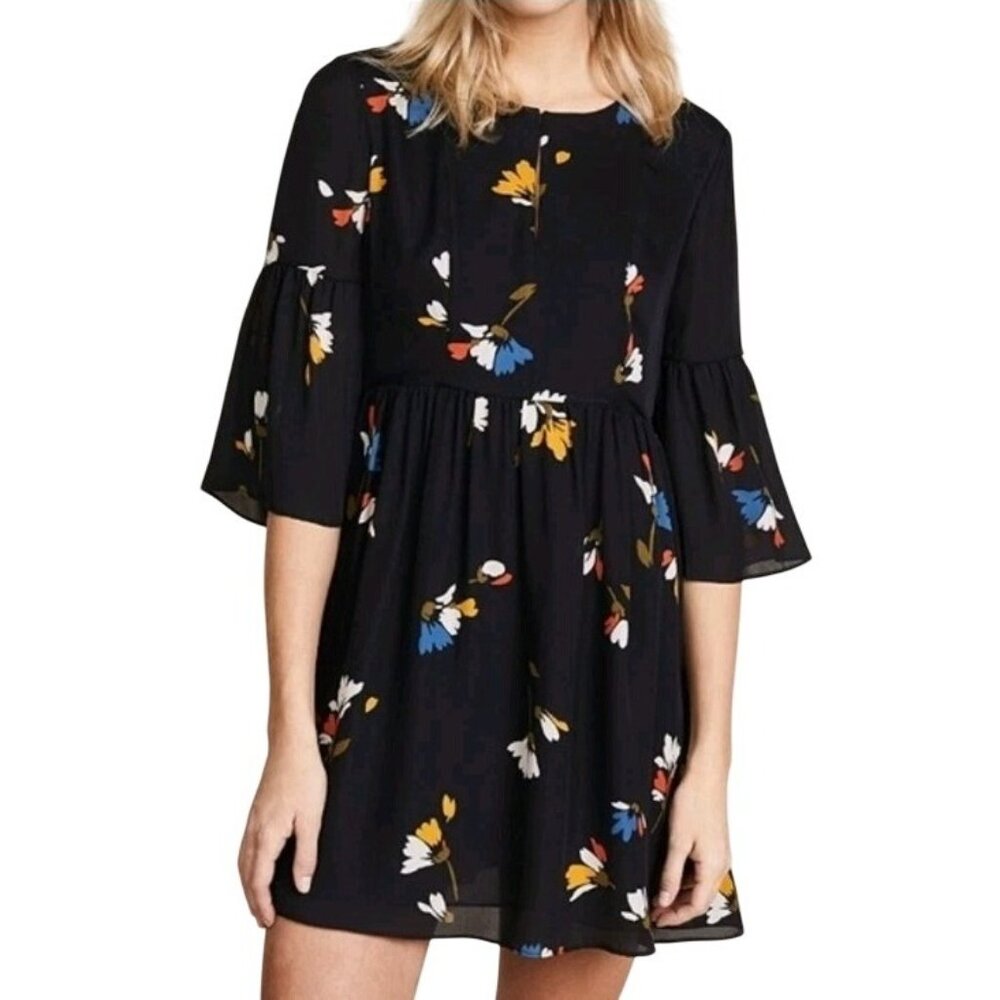Joie Avari Silk Navy Floral Bell Sleeve Keyhole Mini Dress Sz M Career